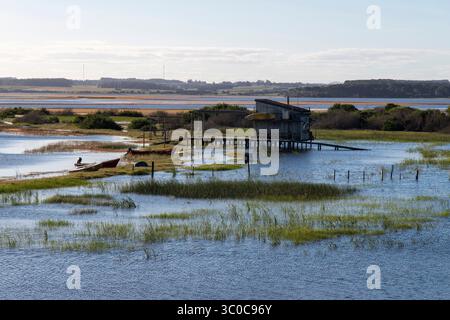 Jose Ignacio, Uruguay-26 mars 2024 ; vue panoramique sur les eaux de Laguna Garzon avec la faune, les bateaux de pêche et les petites maisons sur les poteaux Banque D'Images
