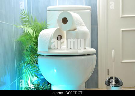 Pile de rouleaux de papier toilette texturés et perforés sur une cuvette de toilette dans une salle de bain bleue. Vue de face. Banque D'Images