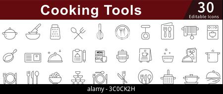 Outils de cuisine Editable Line Icons Set pour la cuisine, les ustensiles, le chef et l'équipement culinaire Illustration de Vecteur