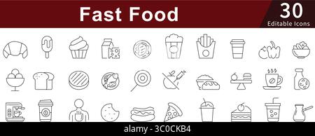 Fast Food Editable Line Icons Set pour le restaurant, à emporter, la livraison et le service rapide Illustration de Vecteur