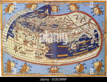 CARTE DU MONDE 1482 par Johannes Schmitzer montrant la description de Ptolémée du monde tel que connu des Grecs antiques, appelé l'œcuméne. Banque D'Images