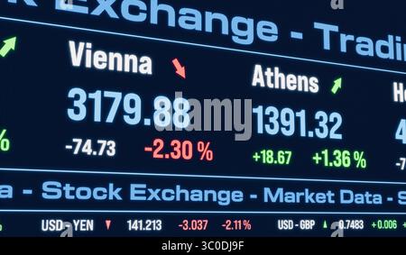 L'indice boursier d'Athènes monte et l'indice de Vienne descend. L'indice boursier d'Athènes monte et l'indice de Vienne descend. Bourse, comité de négociation, données de marché, affaires, investissement, informations sur la devise. img stock market111s11 market data Banque D'Images