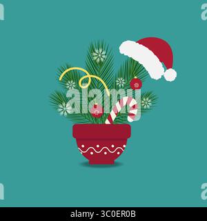 Bouquet de brindilles de pin décoré Santa Hat boules d'arbre de Noël et flocons de neige en pot de fleurs minimaliste. Illustration vectorielle isolée thèmes de Noël ou du nouvel an cartes invitations ou bannière, dépliants Illustration de Vecteur