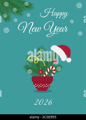 Brindilles de pin avec décor de Noël et chapeau de Père Noël en pot de fleur et bonne année 2026 idée d'affiche de texte. Illustration vectorielle isolée vacances d'hiver contenu connexe, cartes publicitaires, vœux, brochures promotionnelles Illustration de Vecteur
