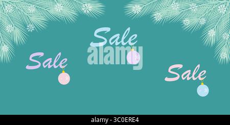 Texte des variations de vente avec boules de Noël et texte de remise place et bannière de bordure de cadre de brindilles de pin. Illustration vectorielle isolée Noël promo contenu cartes de réduction, étiquettes de prix, dépliants Illustration de Vecteur