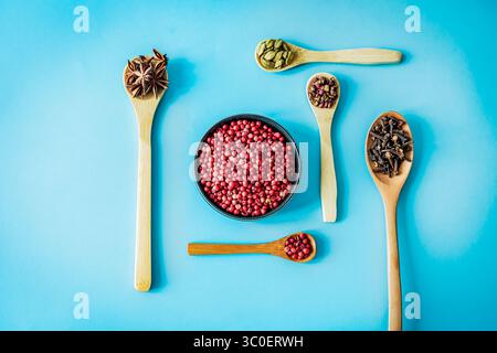 Pose à plat minimaliste d'épices colorées dans des cuillères en bambou et un bol de grains de poivre rose sur du papier turquoise, grand espace négatif idéal pour les en-têtes Web Banque D'Images