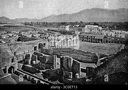 Vue sur les fouilles archéologiques de Pompéi ou Pompéi, ville antique au Vésuve, Campanie, Italie, illustration historique 1896 Banque D'Images