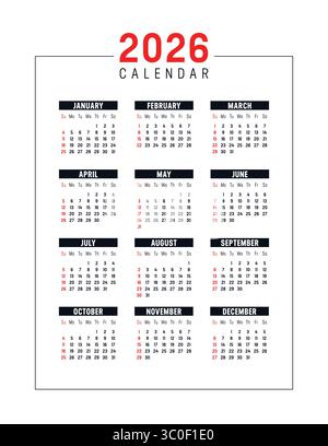 Année 2026 calendrier vertical noir rouge sur fond blanc, modèle vectoriel en anglais Illustration de Vecteur