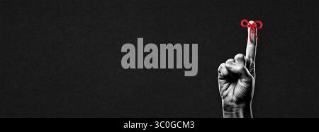 Arc de corde sur le signe de pointage de doigt en noir et blanc sur la bannière de fond de papier texturé Banque D'Images