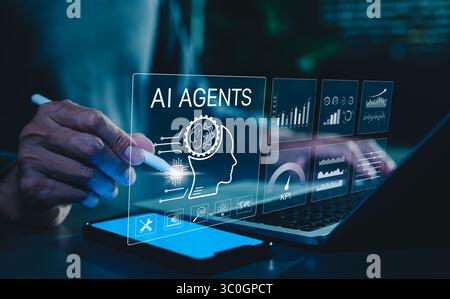 Concept AI agent. Person interagit avec la technologie des agents IA, les graphiques analytiques, les KPI de performance, symbolisant l’intelligence artificielle Banque D'Images