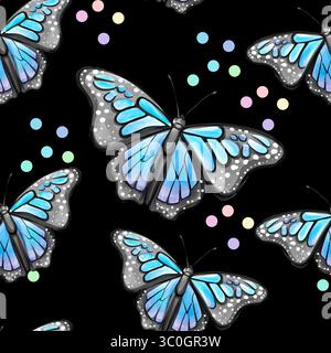 Motif aquarelle sans couture papillon monarque bleu de fond noir. Illustration de Vecteur