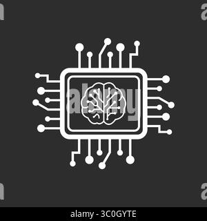 Icône de puce d'apprentissage automatique en noir et blanc – icône de concept de processeur intelligent ai, illustration vectorielle Illustration de Vecteur