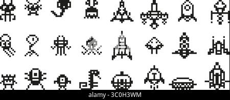 Envahisseurs d'espace de pixels. Jeu d'arcade 8 bits personnages et vaisseaux spatiaux, graphiques de pixels noirs. Extraterrestres isolés ou monstres, galaxie rétro joue néotérique Illustration de Vecteur