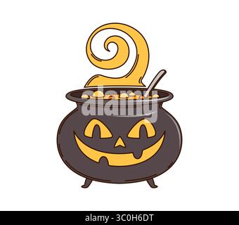 Personnage de chaudron de citrouille de dessin animé groovy Halloween pour les vacances nocturnes d'horreur, symbole vectoriel. Pot de chaudron de sorcière groovy avec visage de citrouille effrayant et potion magique pour l'emoji monstre drôle d'Halloween Illustration de Vecteur