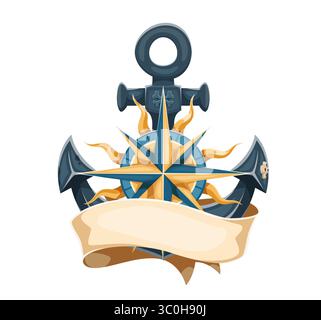 Ancre de bateau pirate de bande dessinée avec rose de boussole et bannière de défilement. Icône de vecteur corsaire médiéval, tatouage de marin pirate ou emblème héraldique de piraterie d'étoile de boussole vintage, ancre nautique et rouleau de ruban Illustration de Vecteur