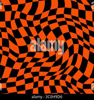 Motif sans couture ondulé psychédélique d'Halloween, arrière-plan d'illusion optique. Toile de fond de tuile déformée vectorielle avec des tourbillons envoûtants noirs et orange et un maillage de damiers, un ornement surréaliste et hypnotique Illustration de Vecteur