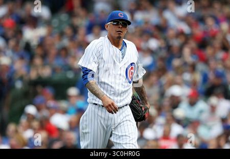 21 juillet 2018 - Chicago, il, USA - le lanceur de secours des Chicago Cubs Jesse Chavez (43) se dirige vers la dugout après avoir lancé la huitième manche contre les membres Louis Cardinals dans le premier match d'un double-header au Wrigley Field samedi 21 juillet 2018, à Chicago. Les Cubs ont gagné 7-2. (Crédit image : © John J. Kim/Chicago Tribune/TNS via ZUMA Wire) Banque D'Images