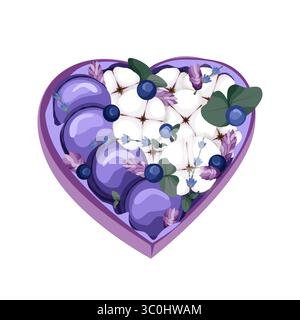 Boîte de fleurs holyday avec bonbons, baies et coton. Bouquet cadeau original en forme de coeur. Modèle pour carte de voeux, affiche. Saint-Valentin ou croquis de mariage. Illustration vectorielle Illustration de Vecteur