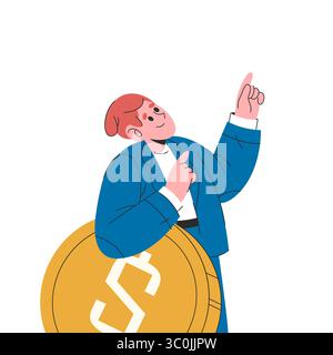 Homme et pièce d'un dollar. Illustration de rêve d'argent de vecteur. Ambition financière et objectif de réussite, prospérité et richesse, motivation riche. Symbole d'investissement bancaire. Revenu personnel et revenu en espèces. Finances. Illustration de Vecteur