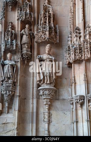 Des sculptures décorent les façades de la Catedral de Salamanca, révélant un savoir-faire artisanal détaillé. Le bâtiment historique reflète des siècles d'architecture Banque D'Images