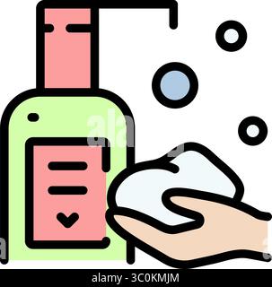 Icône couleur du désinfectant pour les mains. Se laver les mains avec du savon liquide aseptisant. Illustration de nettoyant, détergent, shampooing, savon liquide, gel. Vecteur isolé Illustration de Vecteur