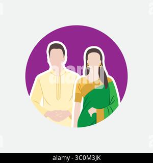 Illustration vectorielle du personnage de couple indien malaisien portant le costume traditionnel Illustration de Vecteur