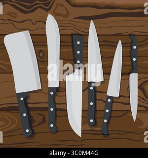 illustration vectorielle de couteaux de cuisine fixés sur une table en bois. différents types de couteaux de cuisine Illustration de Vecteur