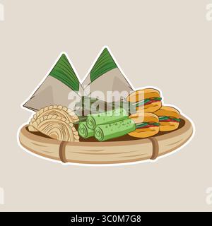 Illustration vectorielle de divers aliments traditionnels malaisiens célèbres ou connus sous le nom de kuih dans un plateau en rotin Illustration de Vecteur