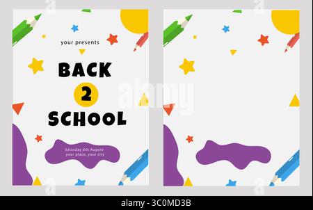 Ensemble vectoriel de modèles à thème scolaire avec des accents lumineux, des cercles, des crayons colorés sur fond blanc. Parfait pour les bannières de vente, flyers, invitations. Espace pour le texte. Design scolaire moderne Illustration de Vecteur