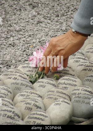 1 novembre 2011 - Lima, Lima, Pérou - Une main pose une fleur sur les petites pierres tombales de ''L'œil pleurant'' (El ojo que llora), par Lika Mutal, est un mémorial aux victimes de la violence terroriste et de la répression étatique pendant le conflit armé interne au Pérou entre 1980 et 2000. Il est entouré d'un labyrinthe circulaire de petites pierres dans lequel sont gravés les noms des victimes ainsi que leur date respective de décès ou de disparition. (Crédit image : © Carlos Garcia Granthon/ZUMA Wire) Banque D'Images