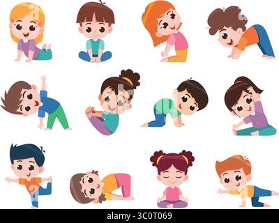 Cute Kids Yoga et exercice poses Cartoon illustration Set Illustration de Vecteur