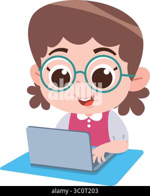 Fille de dessin animé utilisant un ordinateur portable avec des lunettes Illustration de Vecteur