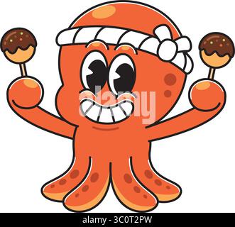Heureux Takoyaki Octopus tenant des brochettes Cartoon Illustration de Vecteur