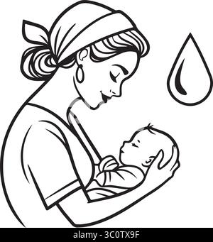 Icône de la mère allaitante Black Line audacieuse avec symbole Drop pour l'affiche de sensibilisation à la semaine de l'allaitement Illustration de Vecteur