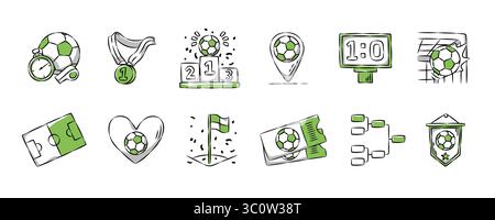 Collection d'icônes de football ou de football dessinées à la main. Concept d'équipement sportif. Jeu 2 sur 3. Illustration vectorielle. Illustration de Vecteur