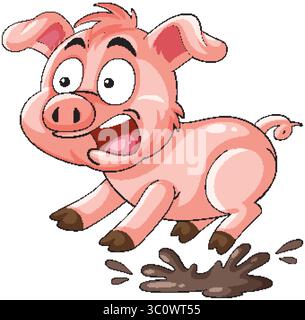 Cochon de dessin animé sautant énergiquement dans une flaque de boue. Les couleurs vives et le style dynamique améliorent la scène ludique Illustration de Vecteur