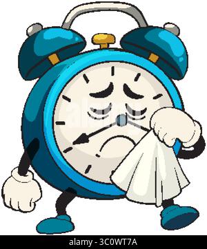 Un réveil de dessin animé bleu avec une expression triste tenant un mouchoir. Couleurs éclatantes et style ludique Illustration de Vecteur