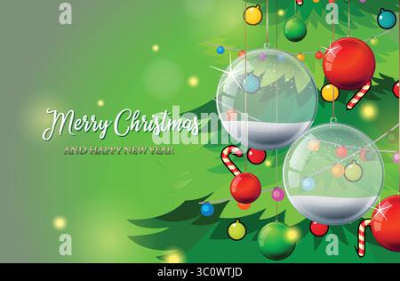 Illustration vectorielle d'une branche d'arbre de Noël décorée avec des boules de verre, des cannes de bonbons et des ornements festifs sur un fond vert dégradé Illustration de Vecteur