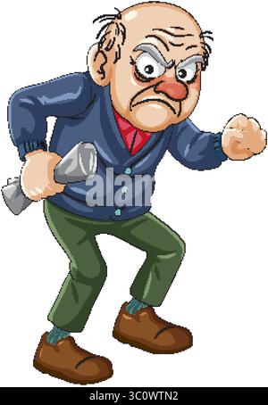 Homme âgé chauve grincheux avec poing serré et journal roulé, illustré dans un style de dessin animé coloré avec des contours audacieux et une caractéristique faciale expressive Illustration de Vecteur