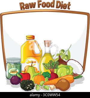 Illustration vectorielle vibrante des aliments crus, y compris les légumes, les fruits et les huiles. Les couleurs vives et la composition épurée renforcent l'attrait Illustration de Vecteur