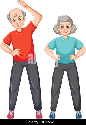 Illustration de deux personnes âgées effectuant des exercices. Les couleurs vives et le style de dessin animé améliorent la composition vivante Illustration de Vecteur