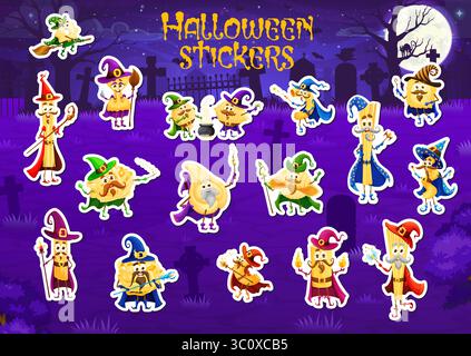 Emballage d'autocollants de personnages de pâtes d'Halloween avec des sorciers drôles au cimetière, vecteur de bande dessinée. Autocollants de vacances d'Halloween de personnages de pâtes, sorcière spaghetti et magicien penne mage ou tagliatelle sorcier Illustration de Vecteur