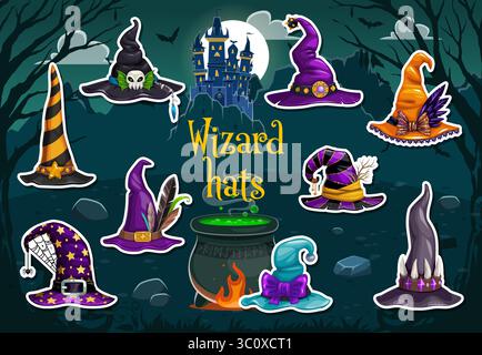Paquet d'autocollants de chapeaux de sorcière d'Halloween. Ensemble mystique de casquettes sorcières décorées de crânes, de plumes, d'étoiles et de toiles à fond sombre et magique avec un château hanté, la pleine lune, des arbres effrayants et un chaudron Illustration de Vecteur