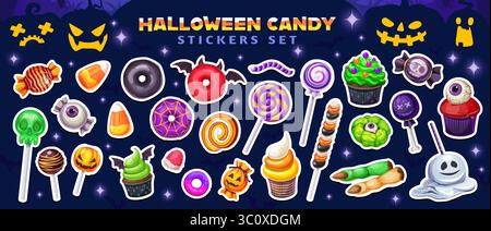 Bonbons et autocollants de bonbons pour les fêtes d'Halloween. Patchs vectoriels avec sucettes, cupcakes, bonbons maïs et friandises effrayantes comme des globes oculaires, des crânes et des mains de monstre vert pour célébrer la saison d'Halloween Illustration de Vecteur
