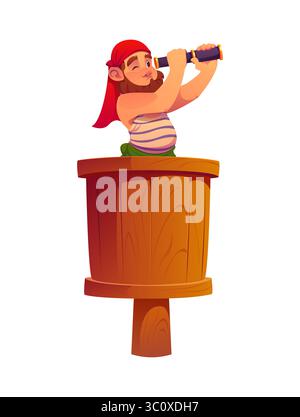 Personnage de marin d'équipage de bateau pirate de bande dessinée dans un nid de corbeau en bois regardant à travers un espion. Vecteur isolé personnage maritime corsaire bardé avec bandana rouge et chemise rayée scannant l'horizon Illustration de Vecteur