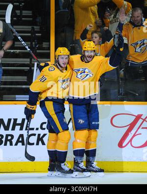 31 mars 2018 ; Nashville, TN, États-Unis; Austin Watson (à droite) et Colton Sissons (à gauche), l’aile gauche des Predators de Nashville, célèbrent le match de la LNH entre les Sabres de Buffalo et les Predators de Nashville au Bridgestone Arena de Nashville, Tennessee. Kevin Langley/CSM(image de crédit : &copy ; Kevin Lanlgey/CSM via ZUMA Wire) Banque D'Images