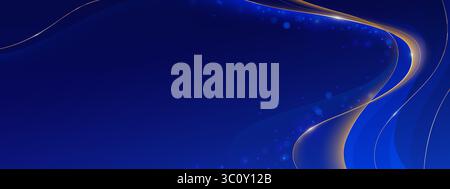 Toile de fond de cérémonie de remise des prix de luxe avec des vagues dégradées bleues, des lignes courbes dorées, des particules étincelantes et des formes fluides élégantes. Conception de célébration premium pour les événements, les réalisations et les reconnaissances. Illustration de Vecteur