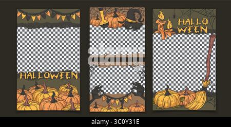 Modèles de médias sociaux de cadre d'Halloween avec des frontières effrayantes - citrouilles orange, chapeau de sorcière, bougies allumées, balai et guirlande de fête. Bg transparent pour les messages de superposition, les conceptions d'histoire de festival d'octobre. Illustration de Vecteur