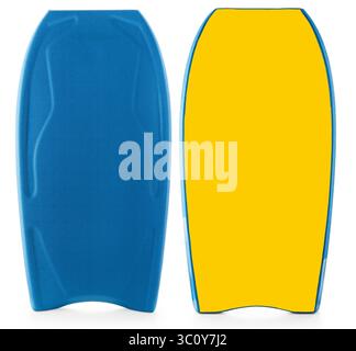 Bodyboard bleu et jaune isolé sur fond blanc avec un design minimal Banque D'Images