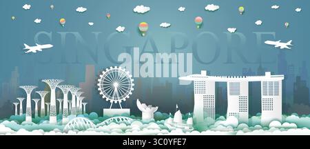 Voyagez dans le centre-ville de singapour avec la culture architecturale de Marina Bay Sands skyline à singapour avec le bâtiment moderne emblématique merlion, voyageant en montgolfière et en montgolfière Illustration de Vecteur